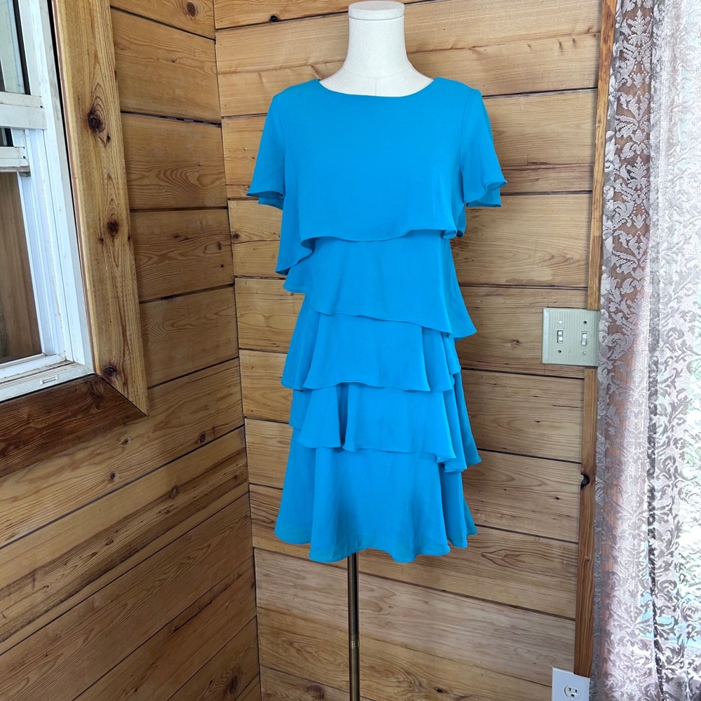 Tiered Ruffle Dress Womens Size 4 Petite Turquoise Blue Flounce Jessica Howard